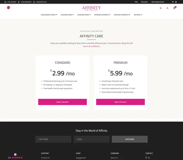 Affinity Care, a monthly aftercare plan in two tiers. Recurring billing running through the same Stripe integration that settles one-off orders.