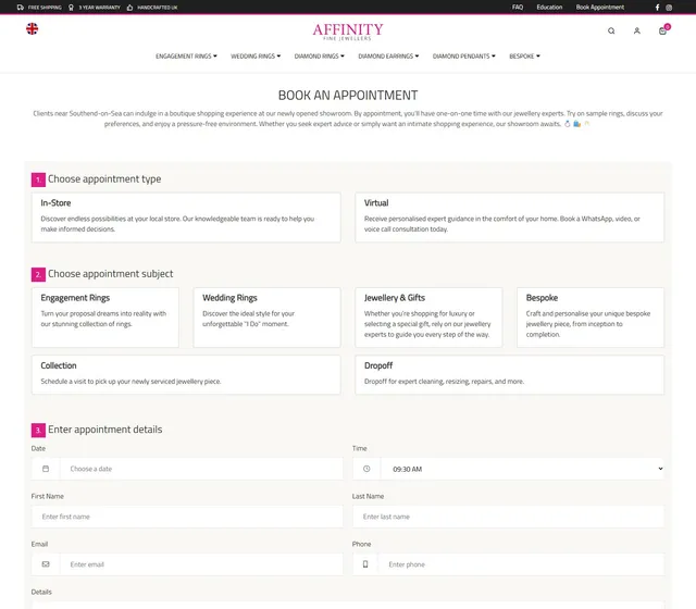 Appointment booking, in store or virtual, with the subject picked up front so the right person is ready. Collections and repair drop-offs are bookable too, not just sales.