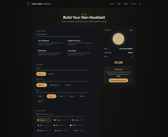 The Build Your Own configurator, pricing a bait live as shape, base, size and colour change. It is finished but deliberately not on sale yet, and the page says so rather than pretending.
