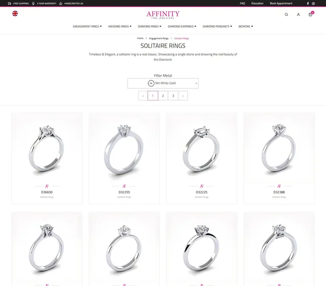 A collection listing, filtered by metal. Every ring is a configurable product rather than a fixed item, so the listing is a starting point rather than a shelf.