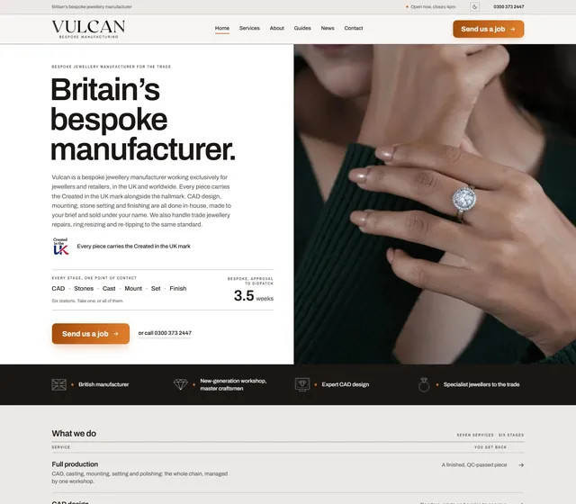 The homepage. It leads with what Vulcan is and who it is for, the stages of a job in one line, and the turnaround from approval to dispatch, before anything else.