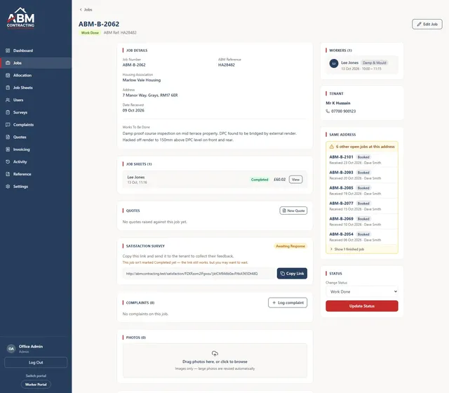 A single job, with its sheets, quotes, surveys and complaints together, and a warning when other open jobs sit at the same address. Shown with demo data.