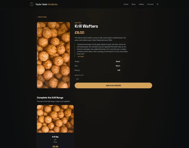 A product page, built from the attributes that kind of product declares: shape, size and flavour here, with the ingredients and Jim’s own notes on the mix.