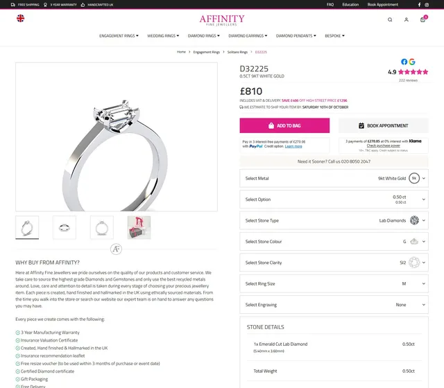 A ring being configured. Metal, carat, stone type, colour, clarity, size and engraving each reprice the piece, with the high-street comparison and the estimated ship date moving with it.