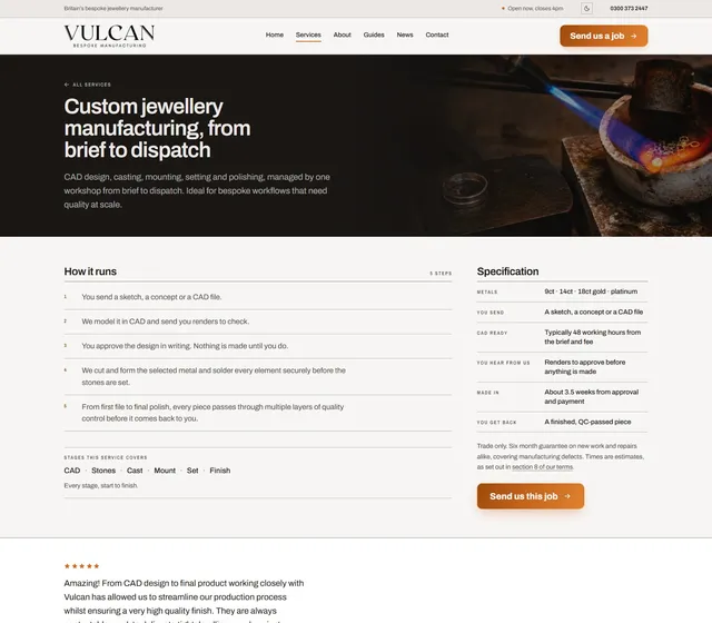A service page: how the job runs step by step, a specification panel with metals, turnaround and what comes back, and a review from a jeweller who uses them.