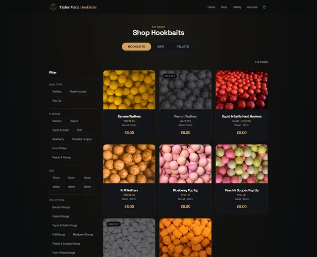 The shop. Category tabs and every filter come from the database, so a new product type appears here on its own. Sold-out lines stay visible rather than vanishing.