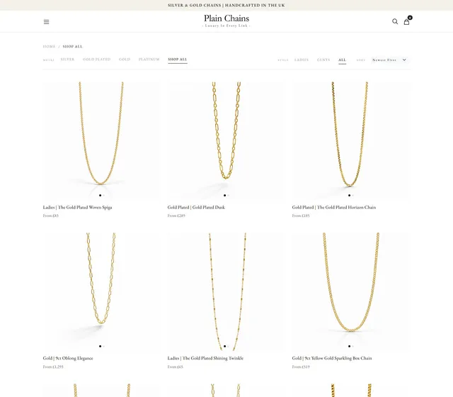 The catalogue, filtered by metal and by style. Prices read "from" because a chain is priced by the gram, not sold at one fixed figure.