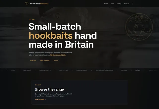 The storefront. A brand that has been hand-rolling bait since 1984, given a shop that looks like the product rather than a generic template.