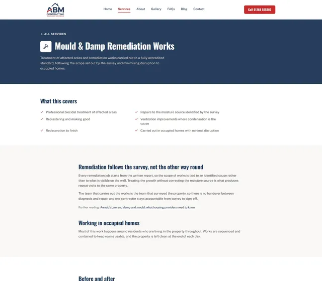 ABM’s public website: one of ten service pages, each explaining a kind of work in plain English, with ABM’s own before-and-after photos, and leading to an enquiry.