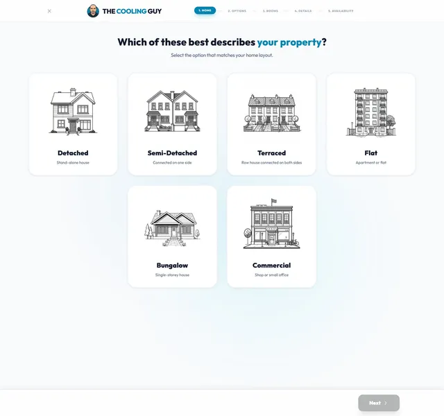 Step one. Property type is asked in plain language with custom illustrations rather than a dropdown of technical terms.