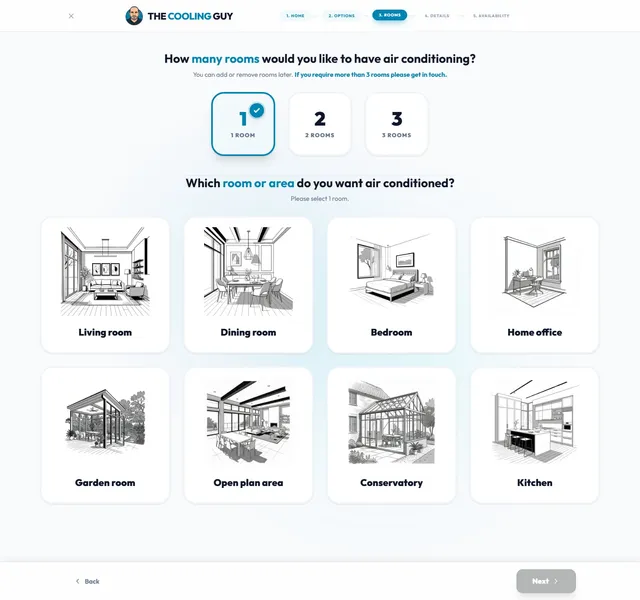 Room count and room type in one step. Choosing three rooms asks for three rooms to be specified, each priced separately.